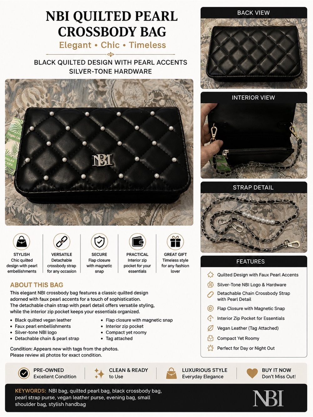 NBI Black Quilted Pearl Crossbody Bag Vegan Leather Chain Strap NWT